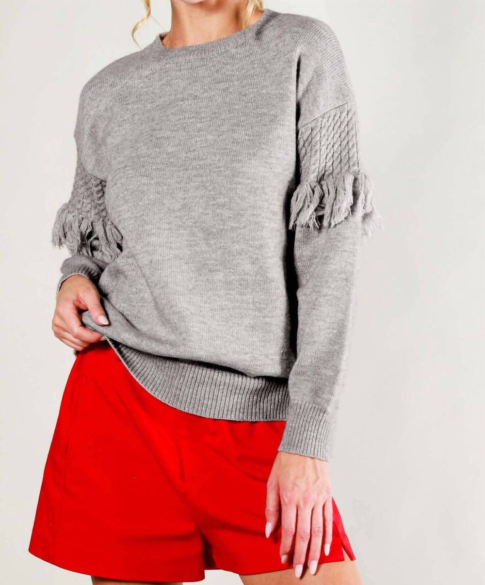 NEW VINE & LOVE women's linden cable and fringe knit sweater in grey